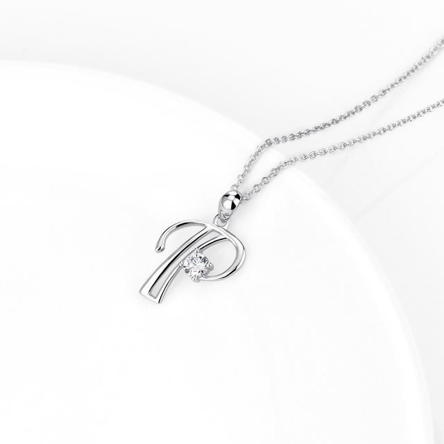 Sterling Silver Circular Shaped Cubic Zirconia Personalized Initial Letter Pendant Necklace with Initial Letter P-3