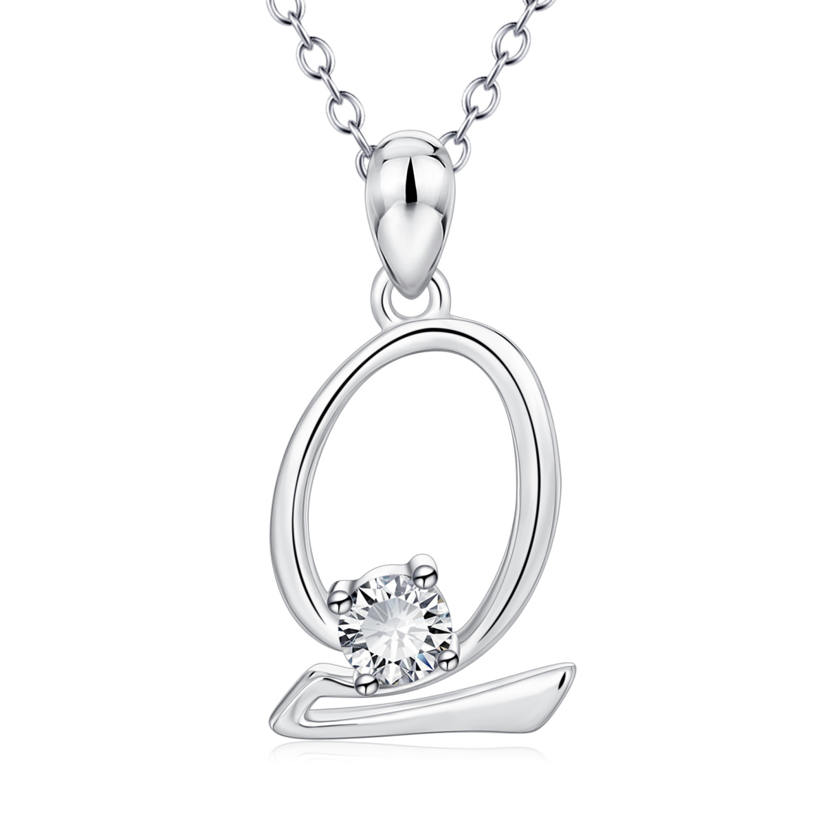 Sterling Silver Circular Shaped Cubic Zirconia Personalized Initial Letter Pendant Necklace with Initial Letter Q-1