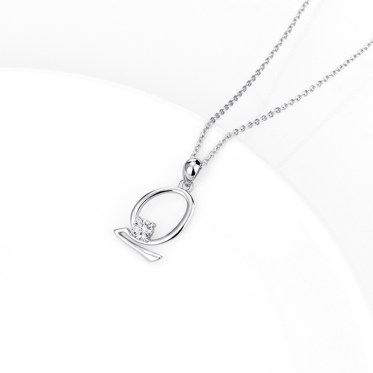 Sterling Silver Circular Shaped Cubic Zirconia Personalized Initial Letter Pendant Necklace with Initial Letter Q-2