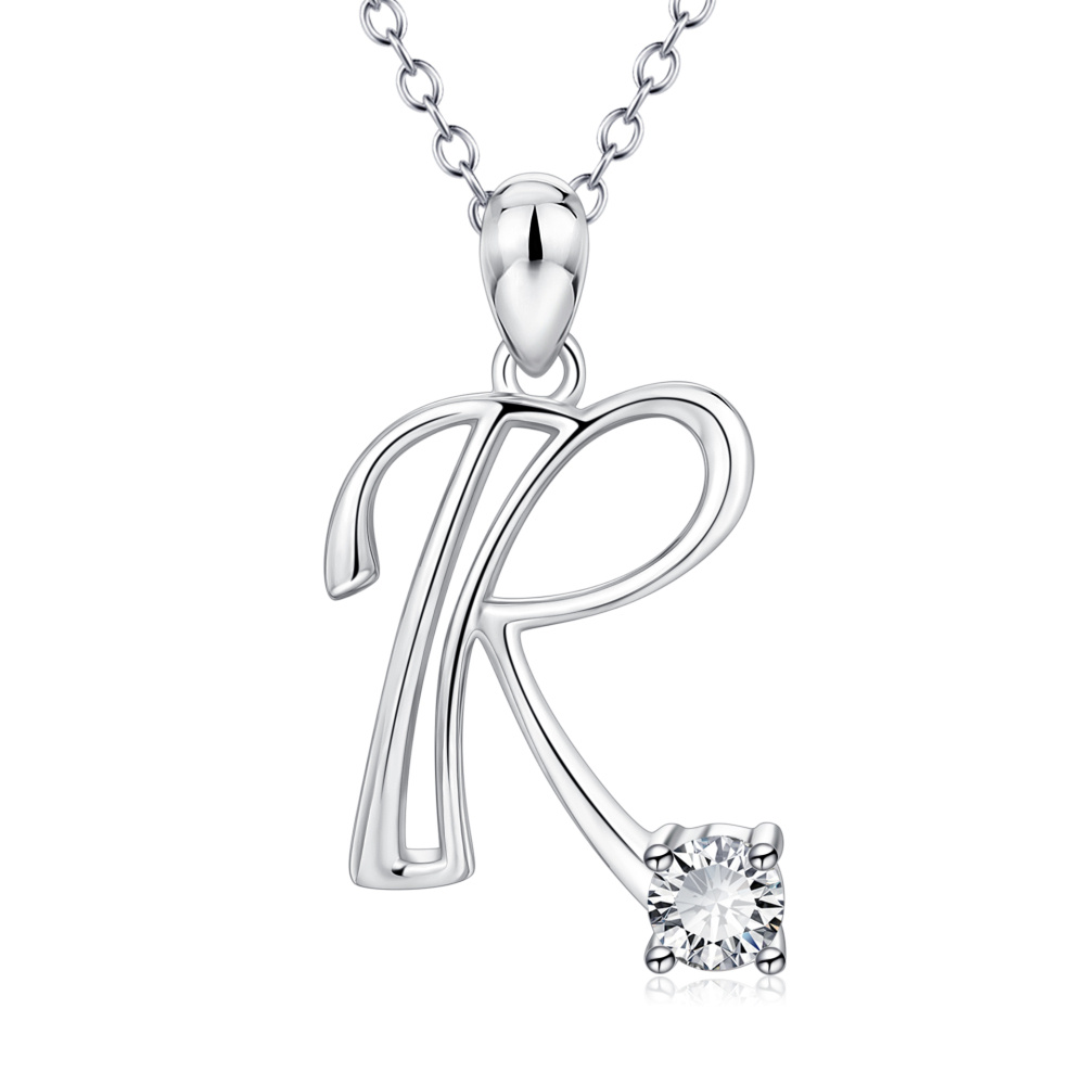 Sterling Silver Cz Personalized Initial Letter R Pendant Necklace For Women-1