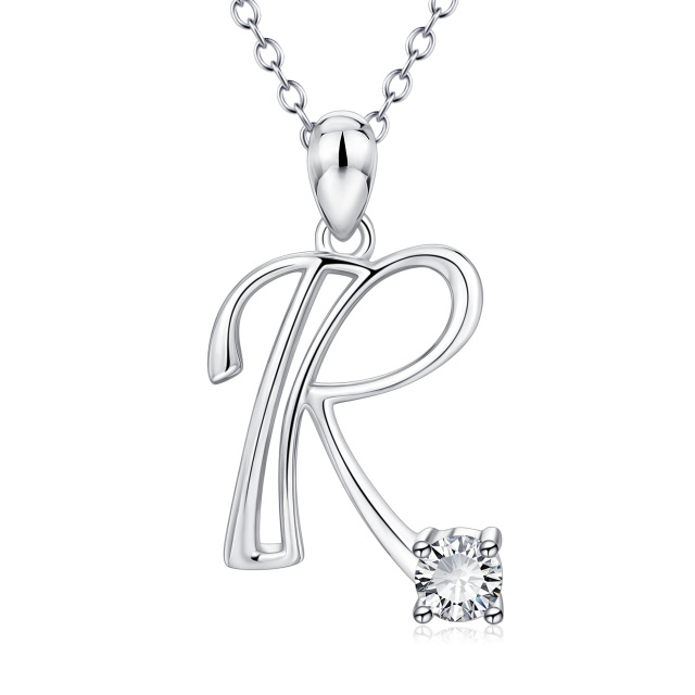 Sterling Silver Circular Shaped Cubic Zirconia Personalized Initial Letter Pendant Necklace with Initial Letter R-1