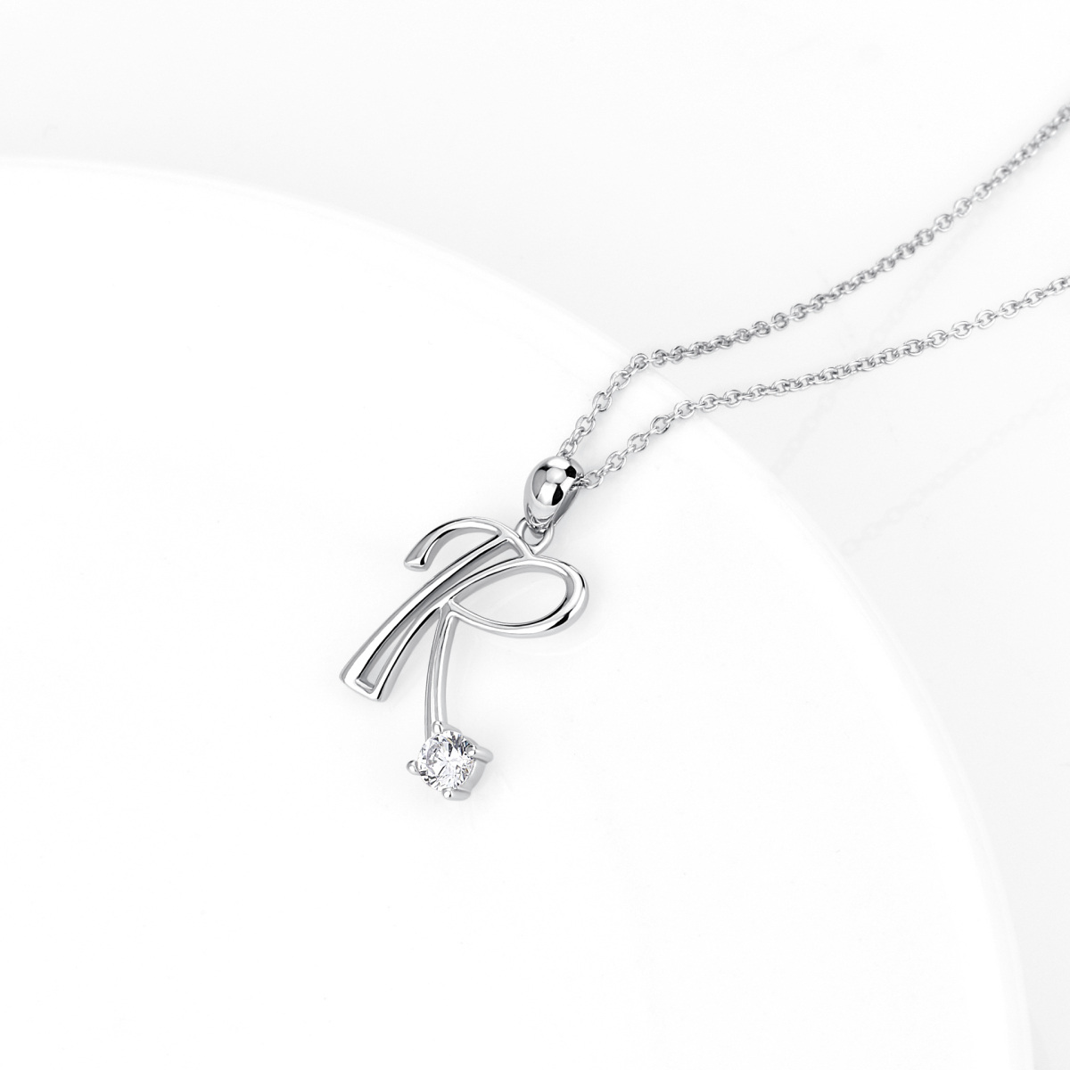 Sterling Silver Circular Shaped Cubic Zirconia Personalized Initial Letter Pendant Necklace with Initial Letter R-3