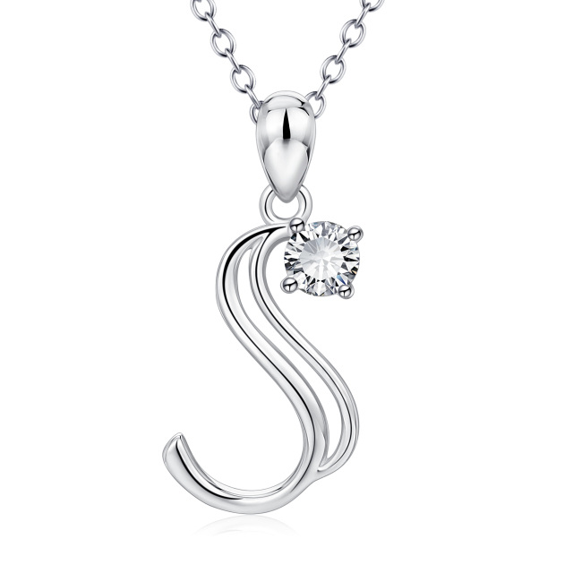 Sterling Silver Circular Shaped Cubic Zirconia Personalized Initial Letter Pendant Necklace with Initial Letter S-1