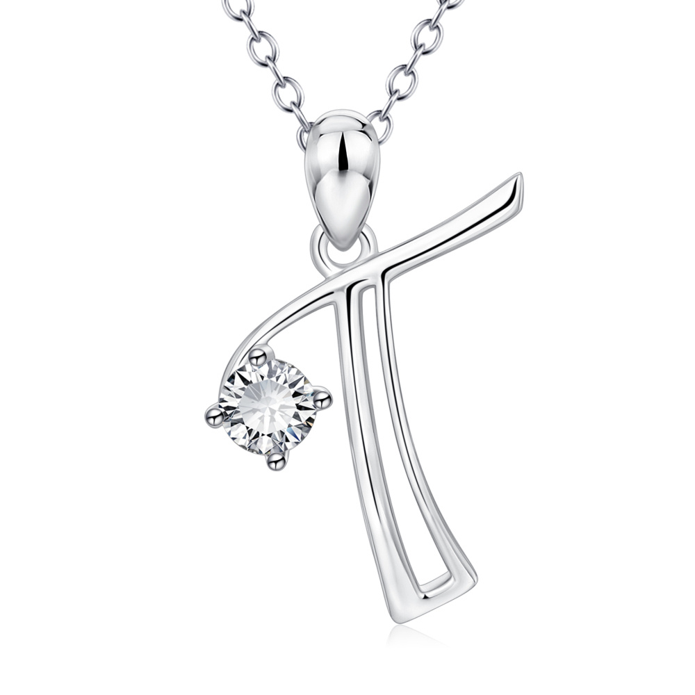 Colar com pendente inicial personalizado em prata de lei com zircónias cúbicas e letra T para mulher-1