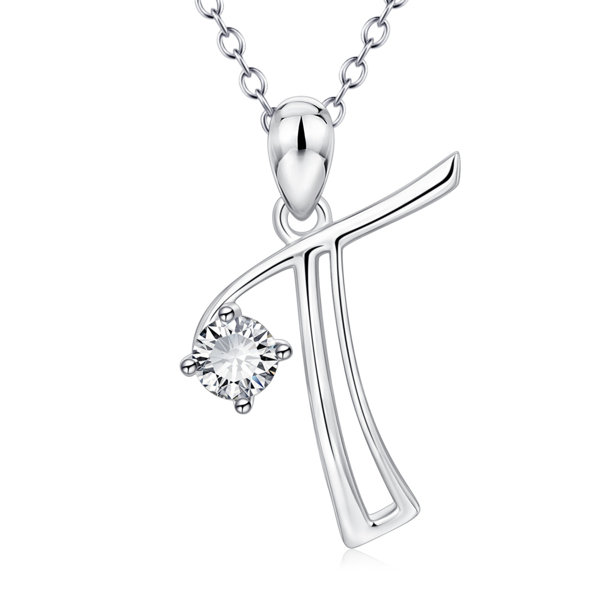 Collier pendentif lettre initiale personnalisée en argent sterling avec oxyde de zirconium de forme circulaire avec lettre initiale T-1