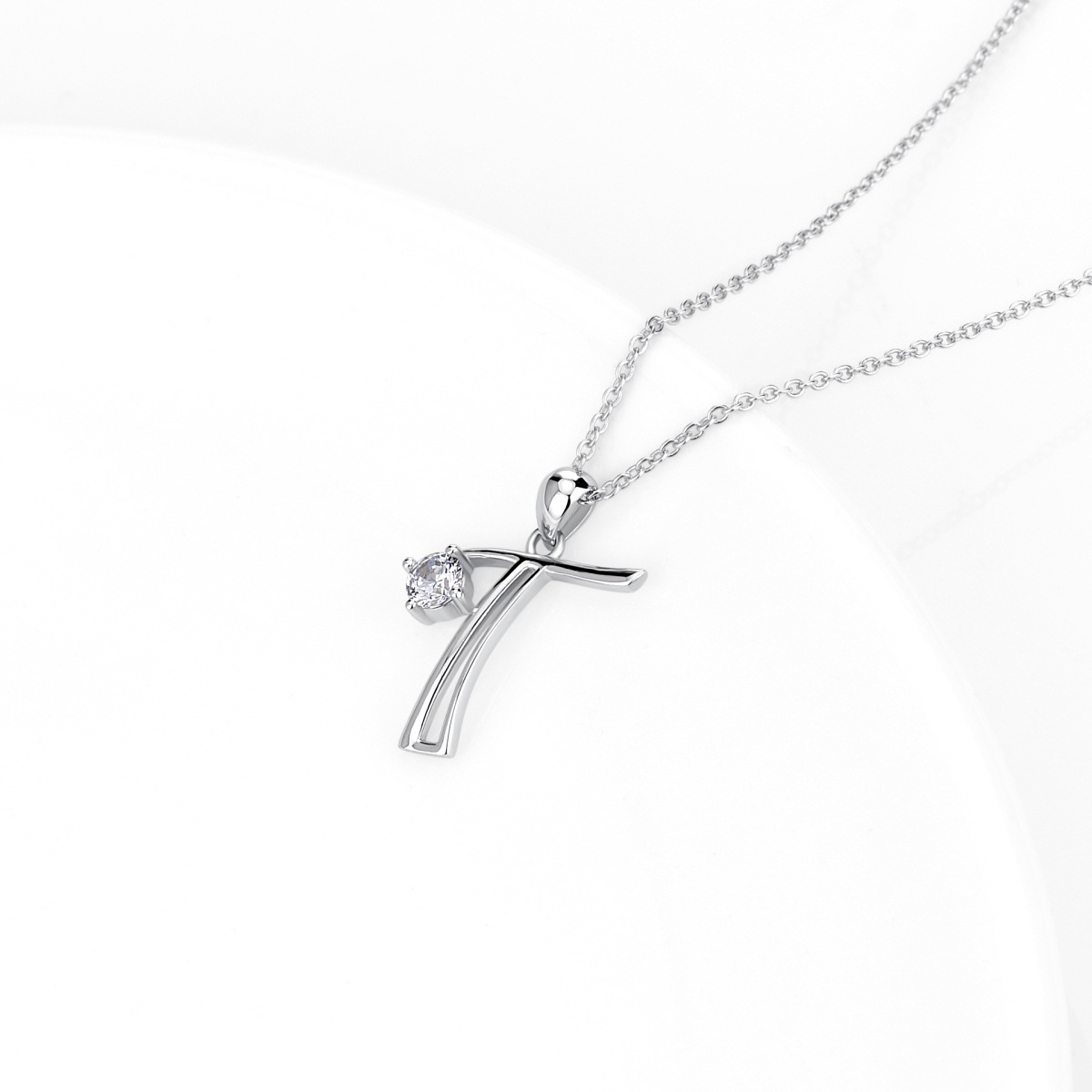 Sterling Silver Circular Shaped Cubic Zirconia Personalized Initial Letter Pendant Necklace with Initial Letter T-3