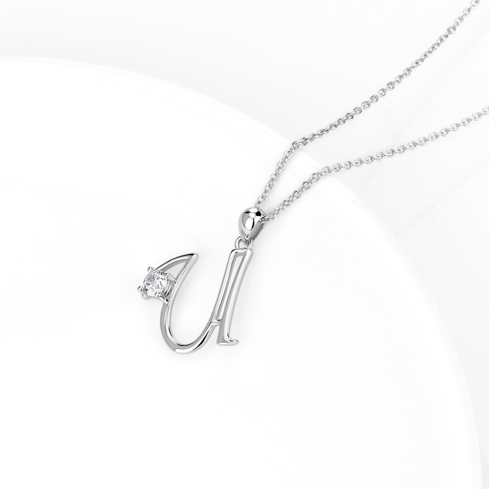 Sterling Silver Cz Personalized Initial Letter U Pendant Necklace For Women-3