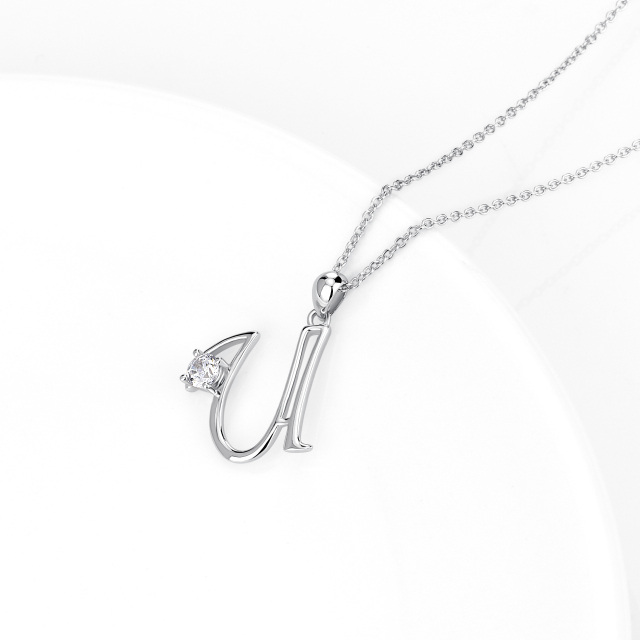 Sterling Silver Circular Shaped Cubic Zirconia Personalized Initial Letter Pendant Necklace with Initial Letter U-3