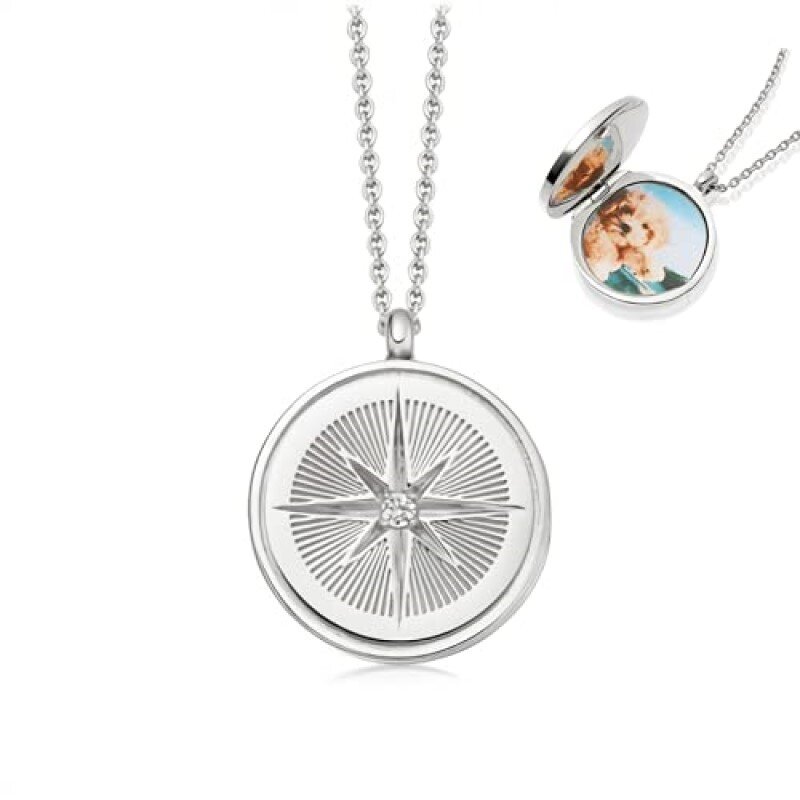 Sterling Silver Circular Shaped Cubic Zirconia Personalized Photo & Compass Personalized Photo Locket Necklace-1