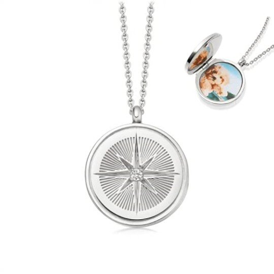 Sterling Silver Circular Cubic Zirconia Compass Personalised Photo Locket Necklace For Unisex