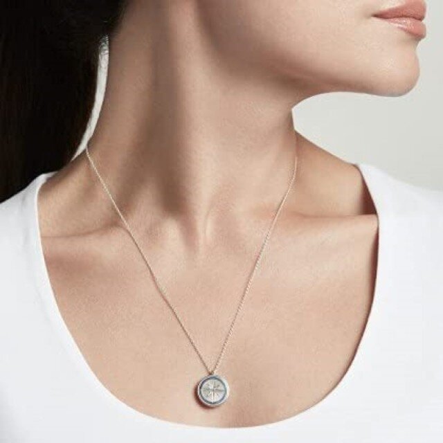 Sterling zilveren ronde vorm Cubic Zirconia gepersonaliseerde foto & kompas gepersonaliseerde foto zakje ketting-2