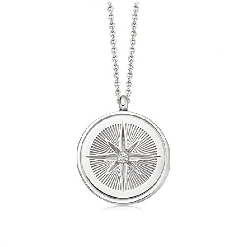 Sterling Silver Circular Shaped Cubic Zirconia Personalized Photo & Compass Personalized Photo Locket Necklace-3