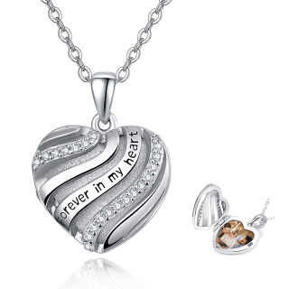 Sterling Silver Circular Shaped Cubic Zirconia Personalized Photo & Heart Personalized Photo Locket Necklace with Engraved Word-32