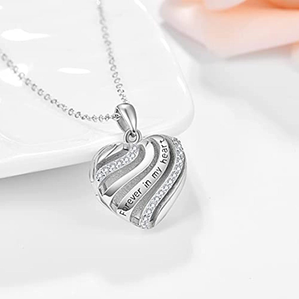 Sterling Silver Circular Shaped Cubic Zirconia Personalized Photo & Heart Personalized Photo Locket Necklace with Engraved Word-4