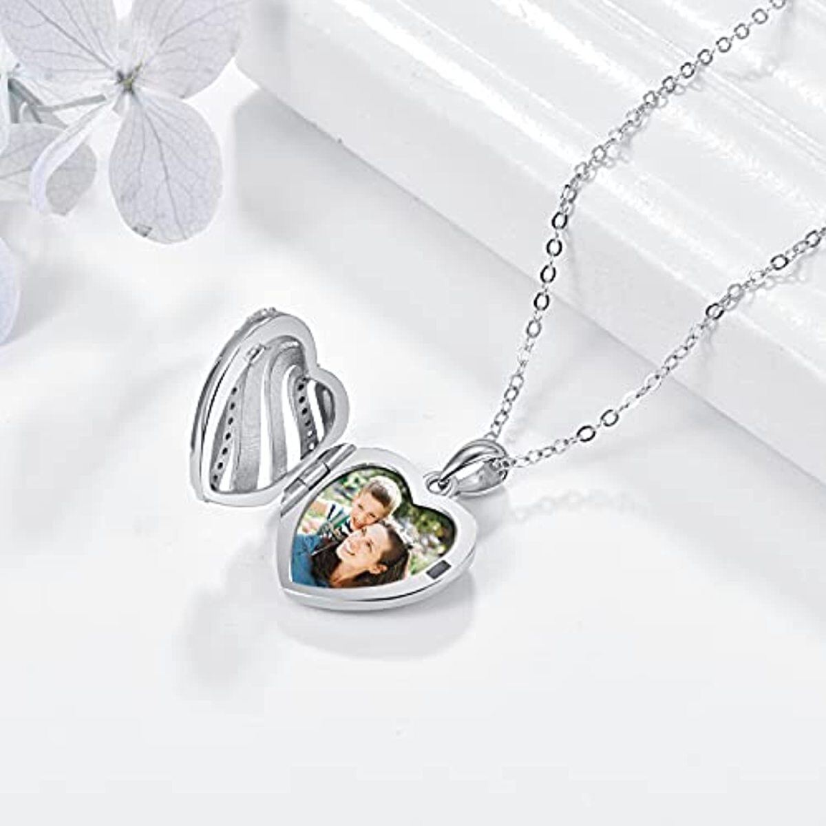 Sterling Silver Circular Shaped Cubic Zirconia Personalized Photo & Heart Personalized Photo Locket Necklace with Engraved Word-5