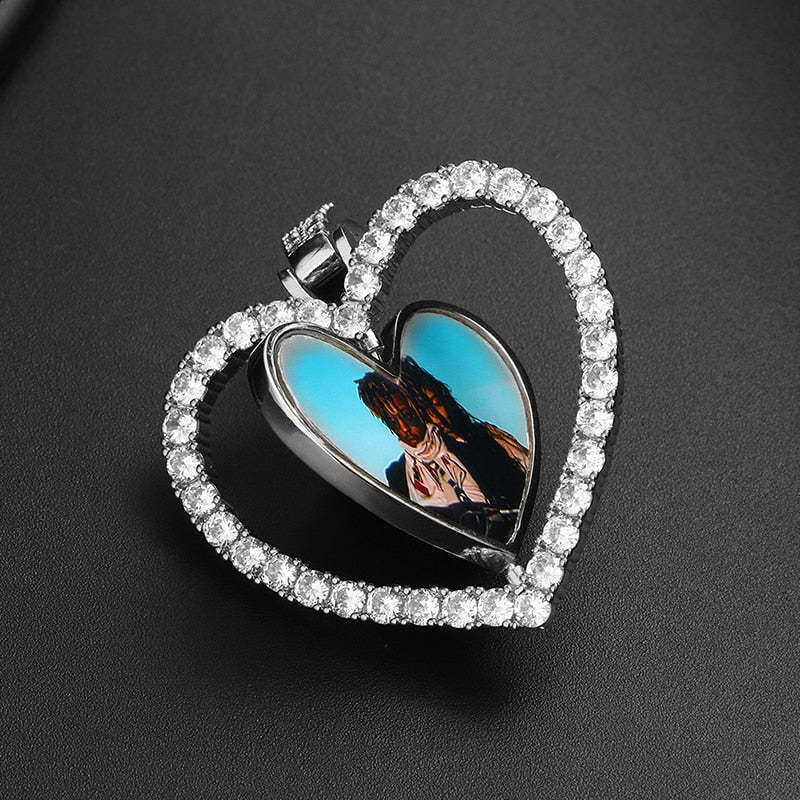 Sterling Silver Circular Shaped Cubic Zirconia Personalized Photo & Heart Pendant Necklace-3