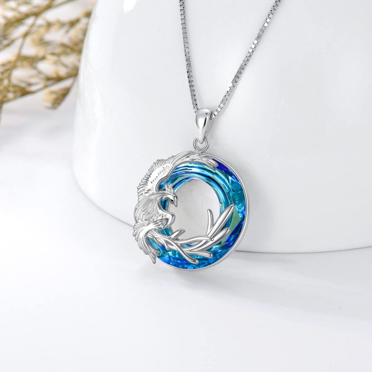 Sterling Silver Circular Shaped Phoenix Crystal Pendant Necklace-3