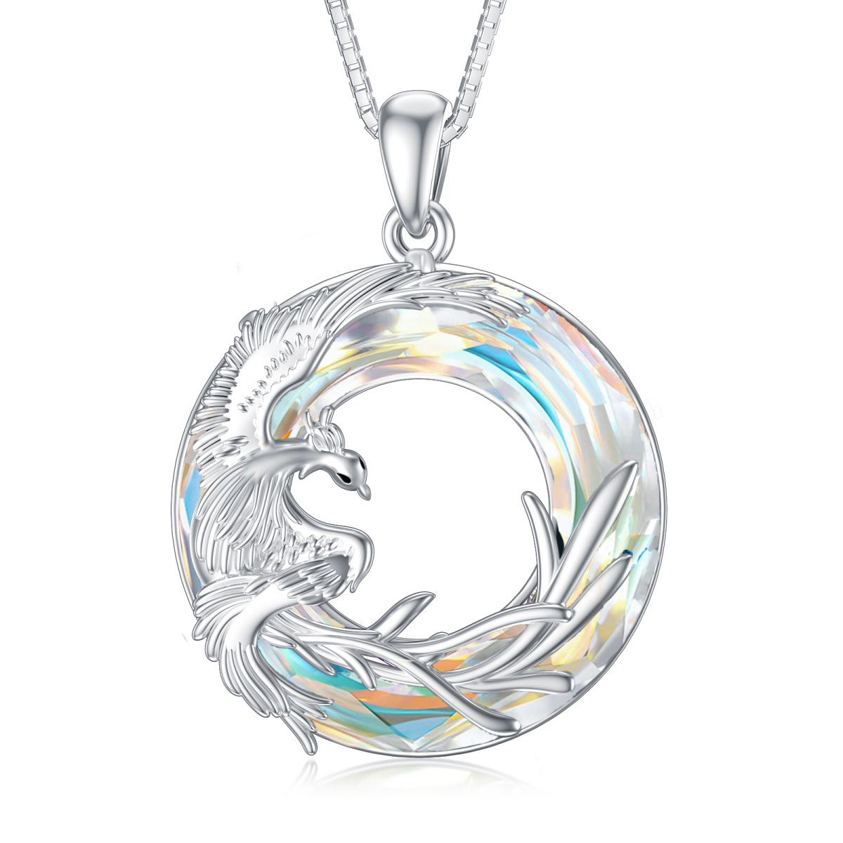 Sterling Silver Circular Shaped Phoenix Crystal Pendant Necklace-1