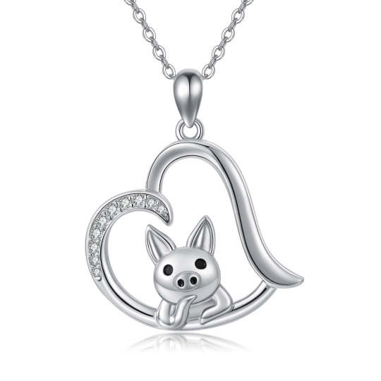 Sterling Silver Circular Shaped Cubic Zirconia Pig & Heart Pendant Necklace