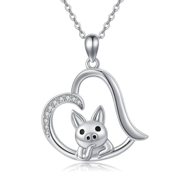 Sterling Silver Circular Shaped Cubic Zirconia Pig & Heart Pendant Necklace-5