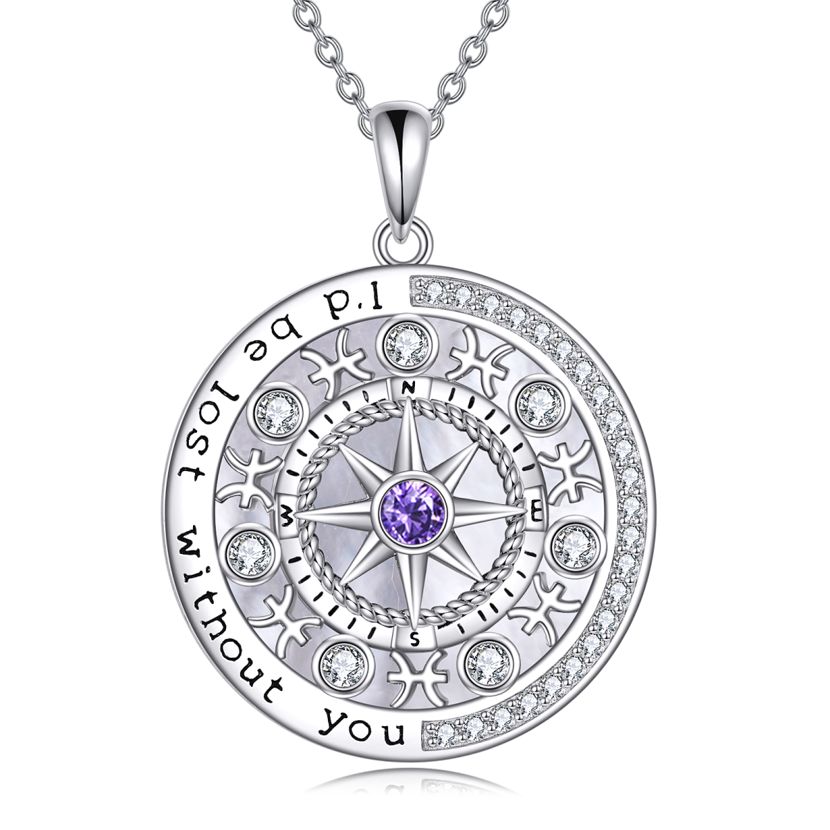 Sterling Silver Circular Shaped Cubic Zirconia Pisces & Compass Pendant Necklace-1