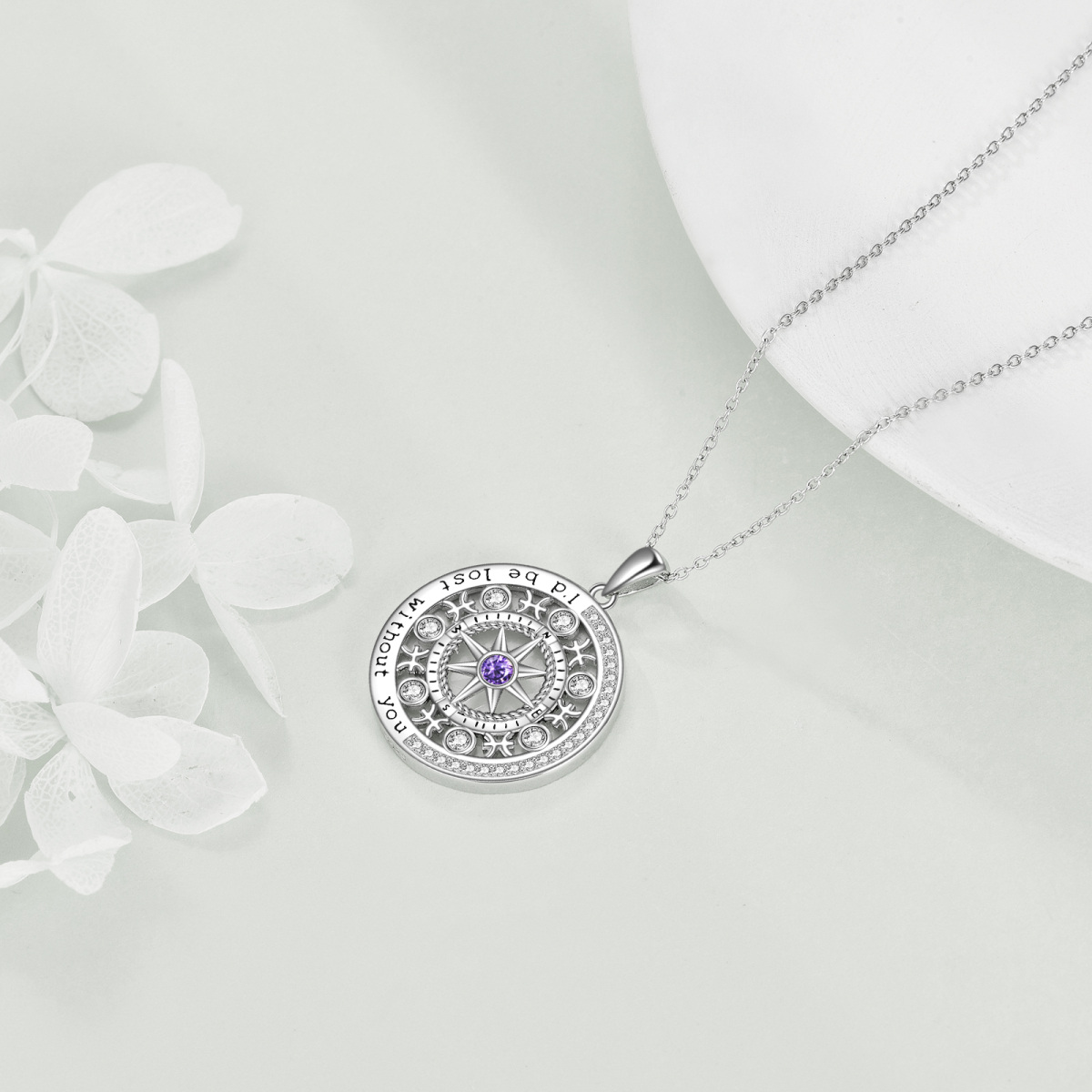 Sterling Silver Circular Shaped Cubic Zirconia Pisces & Compass Pendant Necklace-3