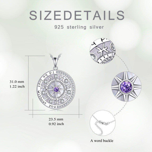 Sterling Silver Circular Shaped Cubic Zirconia Pisces & Compass Pendant Necklace-5