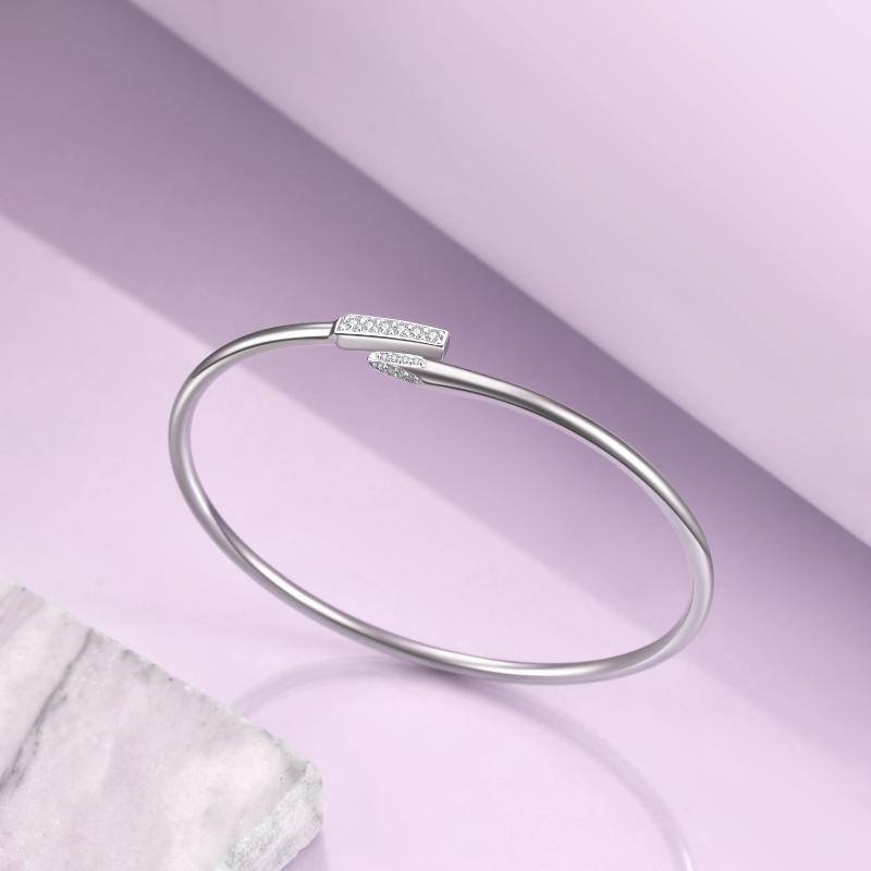 Sterling Silver Circular Shaped Cubic Zirconia Plain Bangle-3