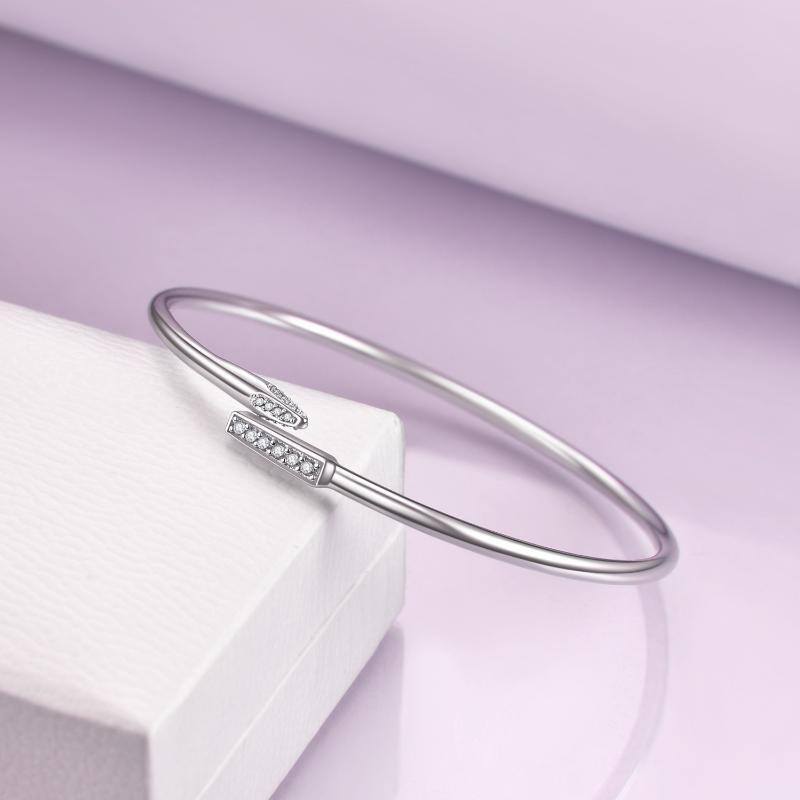 Sterling Silver Circular Shaped Cubic Zirconia Plain Bangle-4