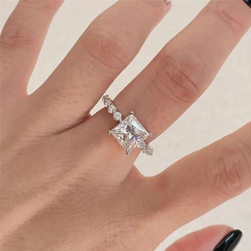 Srebro 2Ct Tw Princess Cut Moissanite Solitaire ustawienie pierścionek zaręczynowy dla kobiet-2