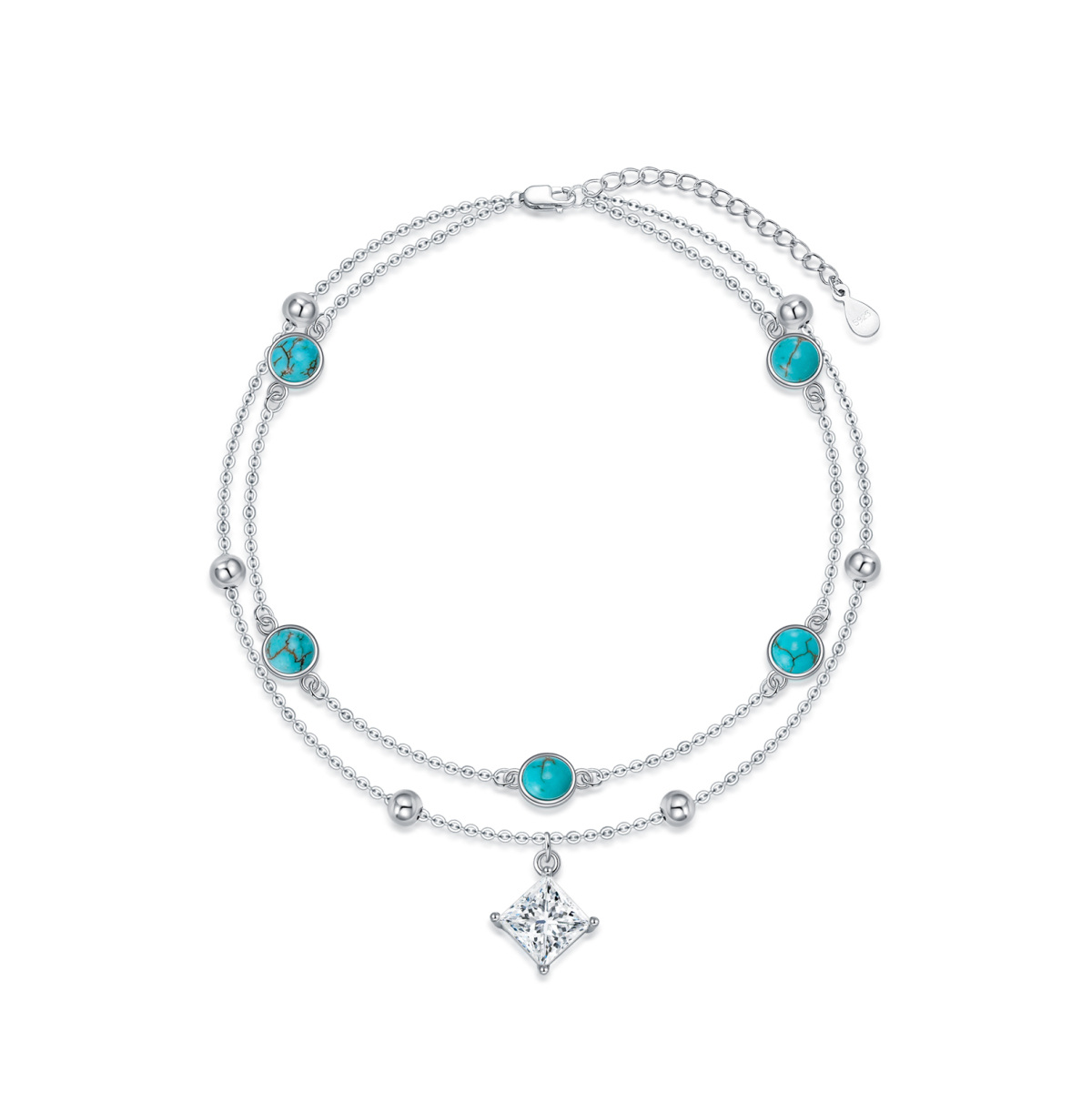 Sterling Silver Circular Moissanite Princess-Square Turquoise Bead Square Layerered Bracelet For Women-1