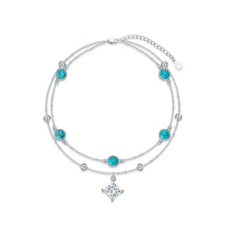 Sterling Silver Circular Moissanite Princess-Square Turquoise Bead Square Layerered Bracelet For Women-4