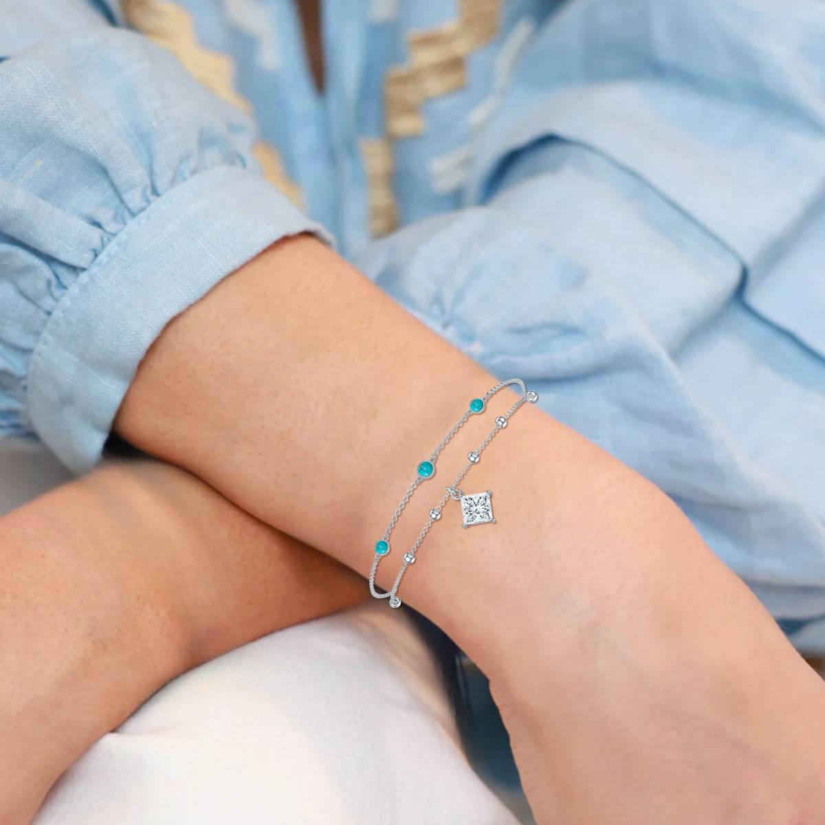 Sterling Silver Circular Moissanite Princess-Square Turquoise Bead Square Layerered Bracelet For Women-3