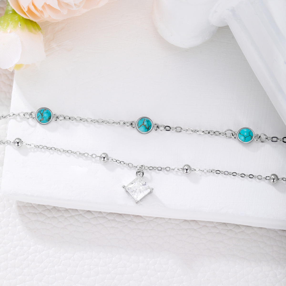 Sterling Silver Circular Moissanite Princess-Square Turquoise Bead Square Layerered Bracelet For Women-4