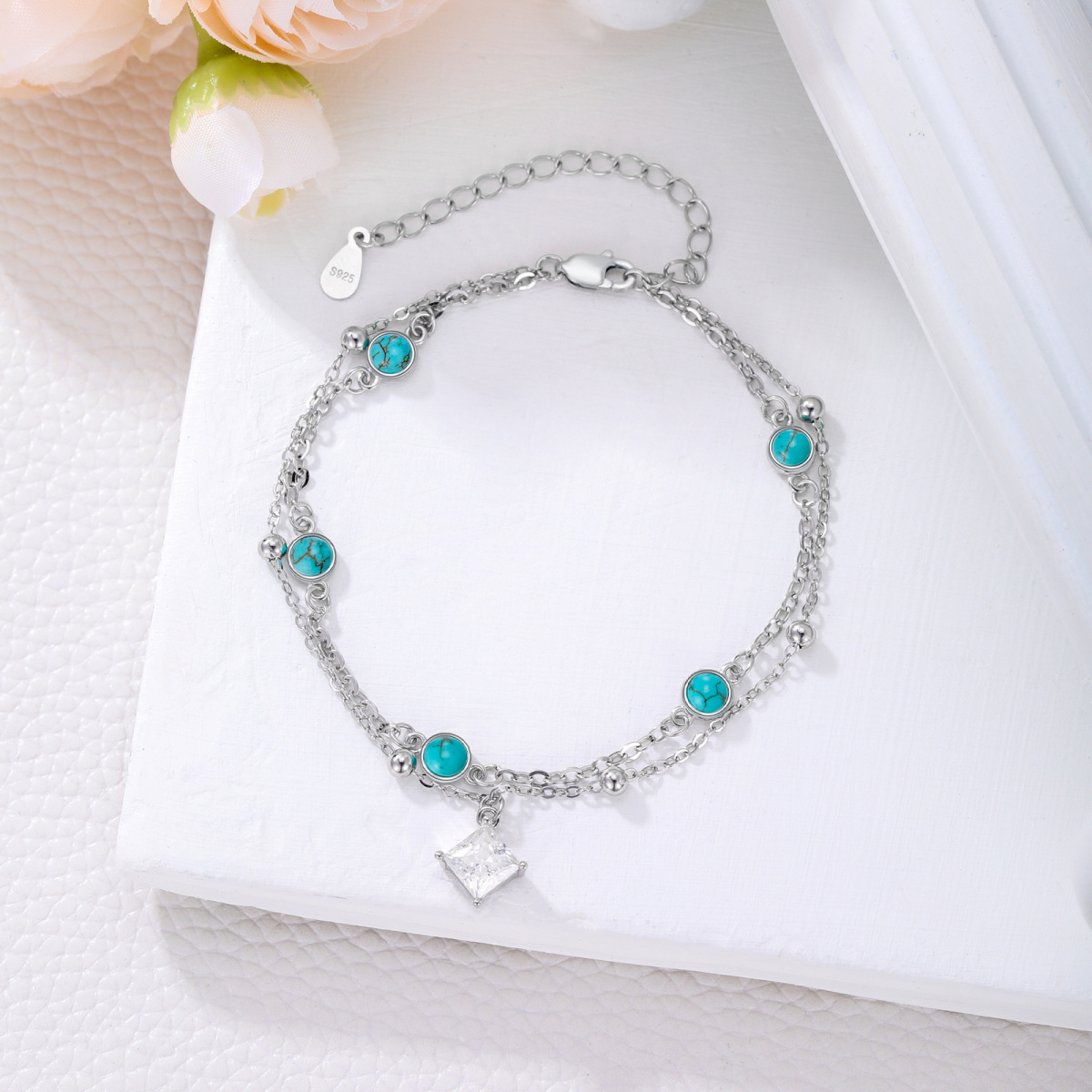 Sterling Silver Circular Moissanite Princess-Square Turquoise Bead Square Layerered Bracelet For Women-5