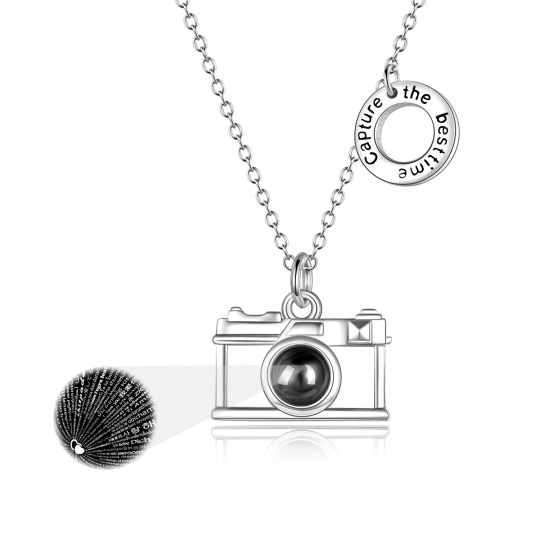 Collana con ciondolo per fotocamera in argento sterling a forma di pietra di proiezione circolare con parola incisa