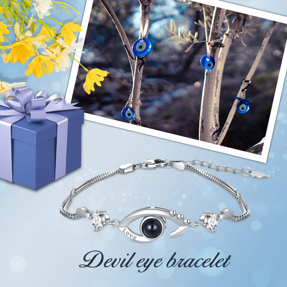 Sterling Silver Circular Shaped Cubic Zirconia & Projection Stone Devil's Eye Charm Bracelet-5