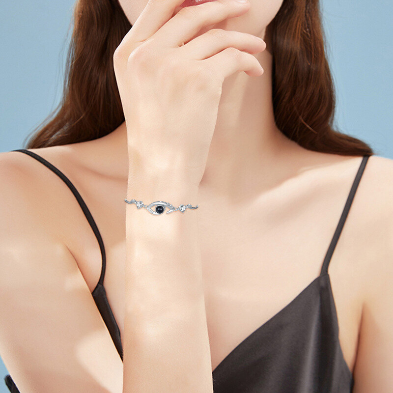 Srebrna bransoletka z okrągłymi cyrkoniami i kamieniem projekcyjnym w kształcie diabelskiego oka-6