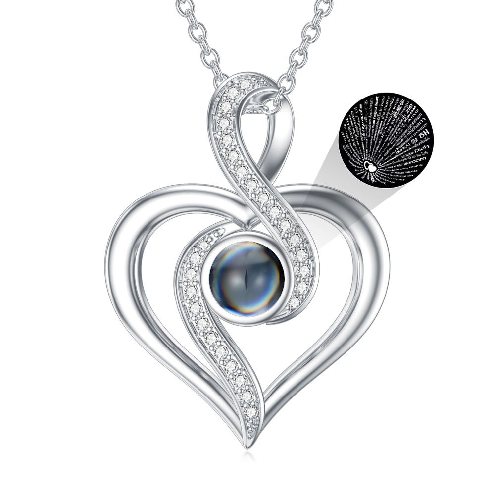 Sterling Silver Circular Cubic Zirconia Projection Stone Heart Infinity Pendant Necklace With Engraved Word For Women-1