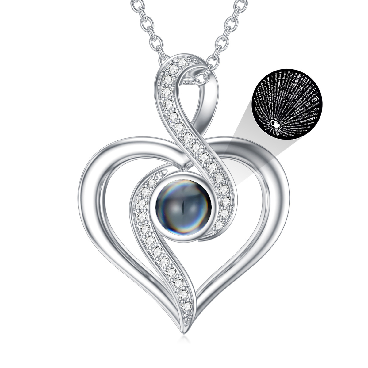 Collana con pendente infinito a forma di cuore in pietra di proiezione con zirconi circolari in argento sterling con parola incisa per le donne-1