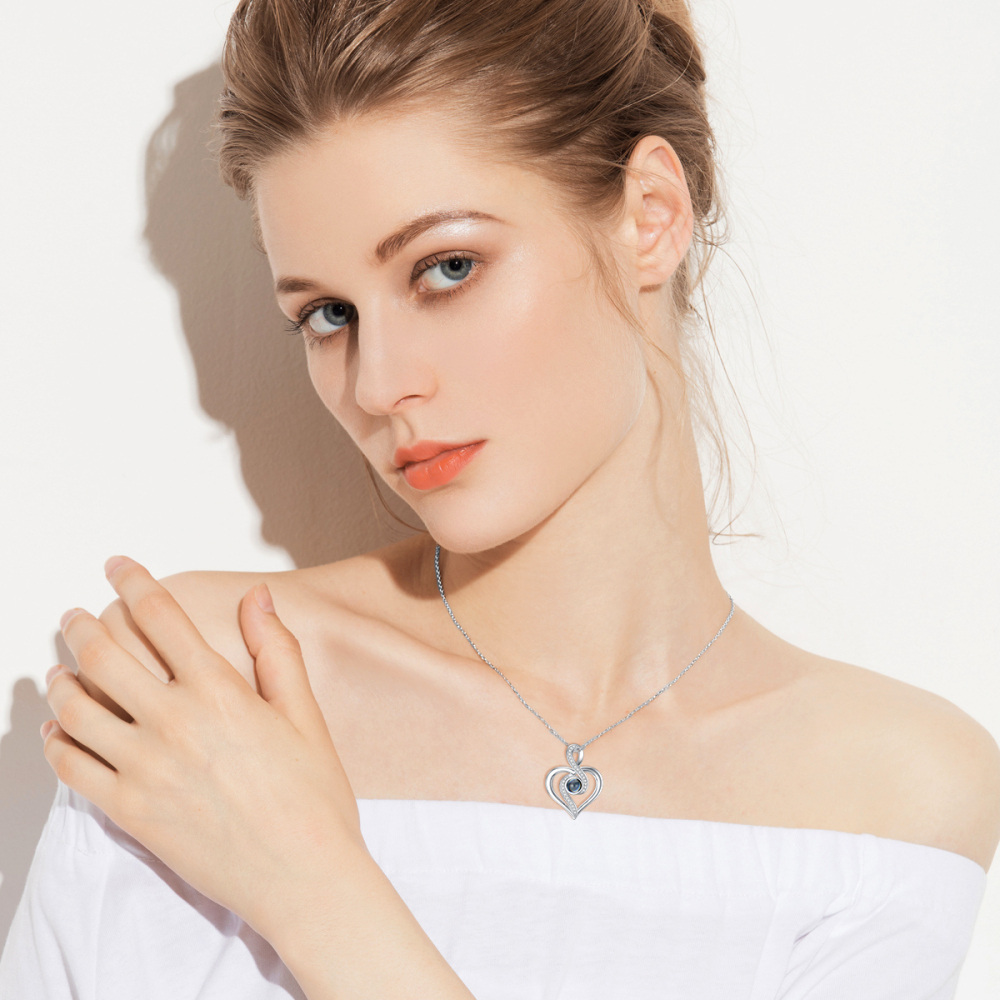 Sterling Silver Circular Cubic Zirconia Projection Stone Heart Infinity Pendant Necklace With Engraved Word For Women-2