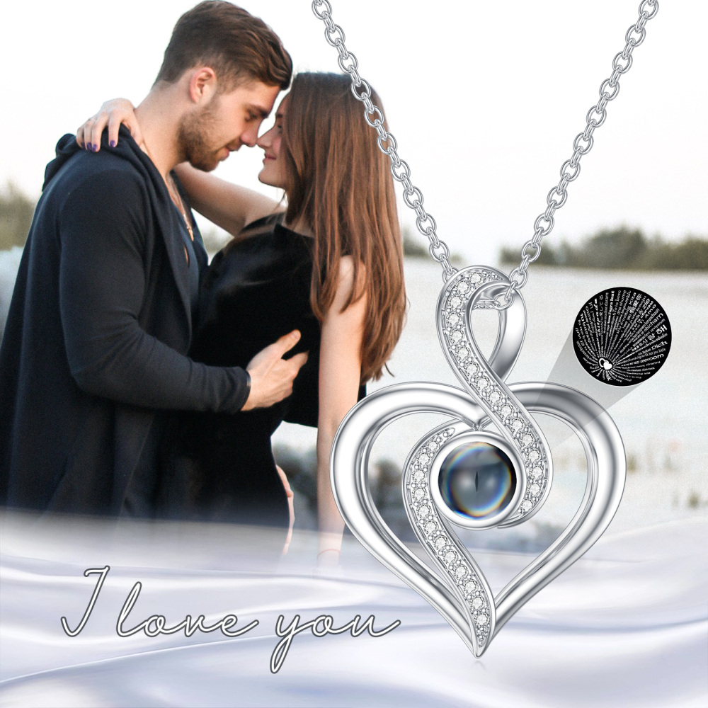 Sterling Silver Circular Cubic Zirconia Projection Stone Heart Infinity Pendant Necklace With Engraved Word For Women-5