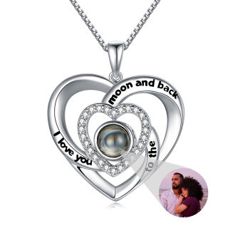 Sterling Silver Circular Shaped Projection Stone Heart Pendant Necklace with Engraved Word-32