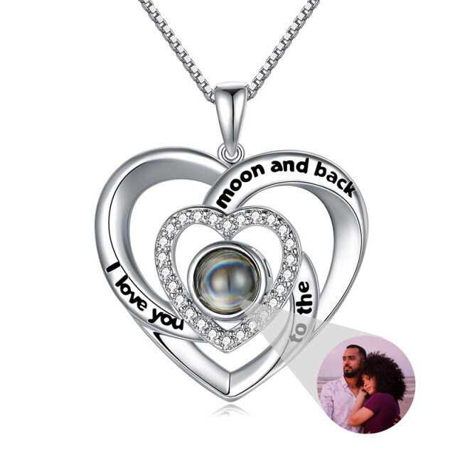 Sterling Silver Circular Shaped Projection Stone Heart Pendant Necklace with Engraved Word-4