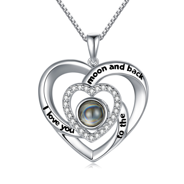 Sterling Silver Circular Shaped Projection Stone Heart Pendant Necklace with Engraved Word-2