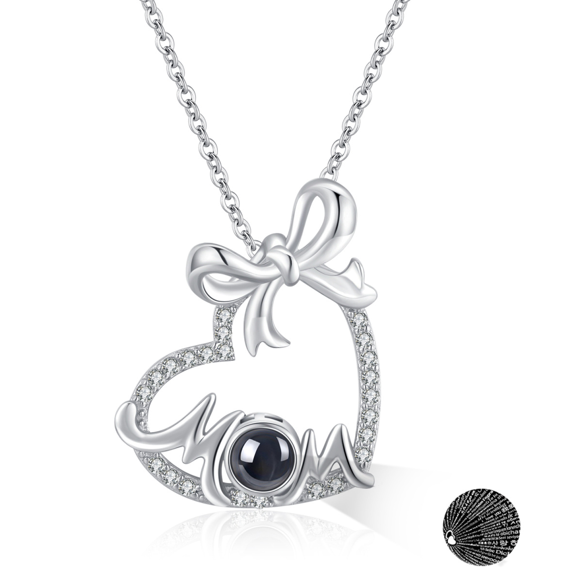 Sterling Silver Circular Projection Stone Mother Bow With Heart Pendant Necklace For Women-1