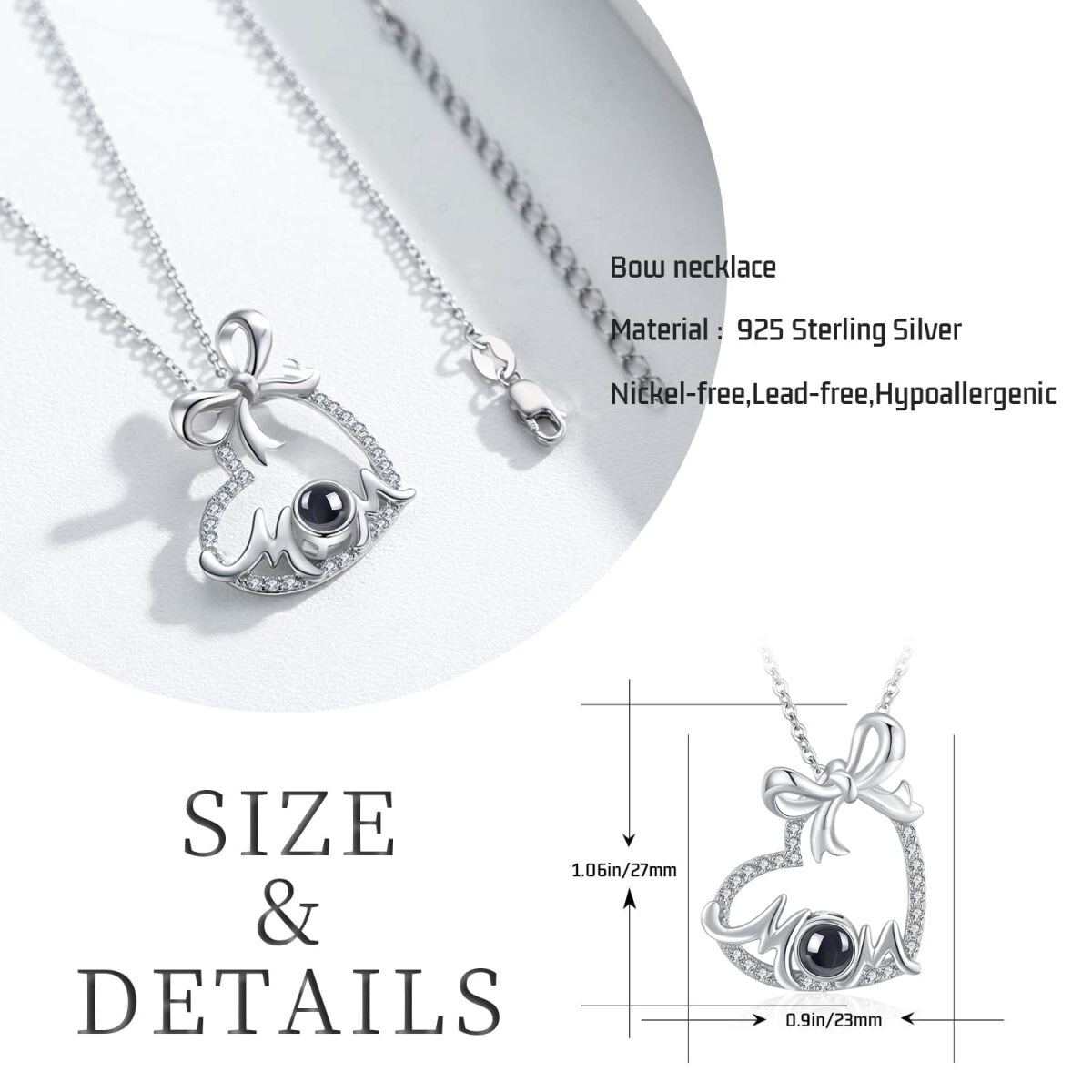 Sterling Silver Circular Projection Stone Mother Bow With Heart Pendant Necklace For Women-5