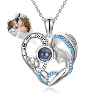 Sterling Silver Circular Shaped Projection Stone Heart Personalized Pendant Necklace with Engraved Word-13