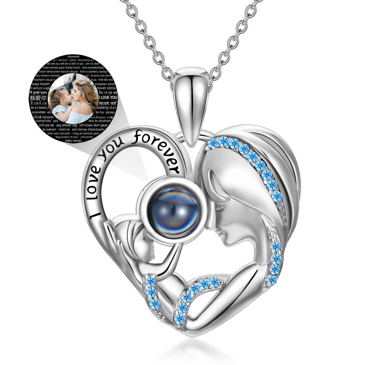 Sterling Silver Circular Shaped Projection Stone Heart Personalized Pendant Necklace with Engraved Word-2