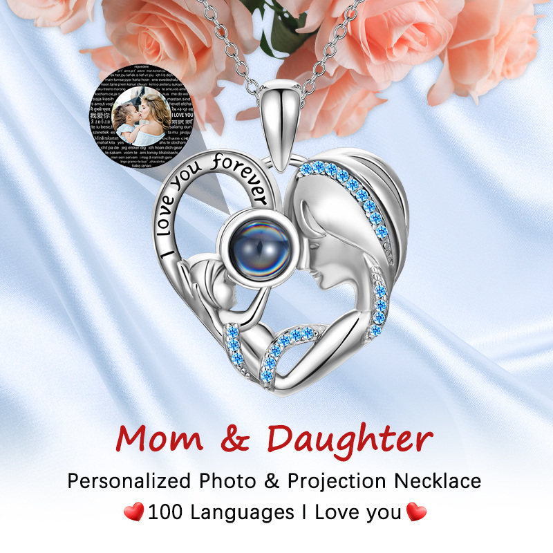 Srebrny, okrągły naszyjnik z kamieniem projekcyjnym w kształcie serca z wygrawerowanym słowem-5